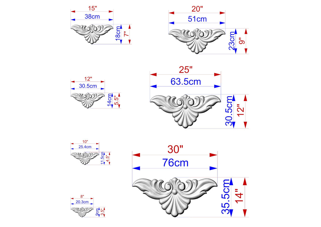 a series of images depicting various sizes of ornate, decorative designs, likely in the form of a collage or a collection of individual images. The images are labeled with their respective sizes, ranging from 15" to 35" and 30" to 70" centimeters. The images are arranged in a grid format, showcasing the different sizes and designs.