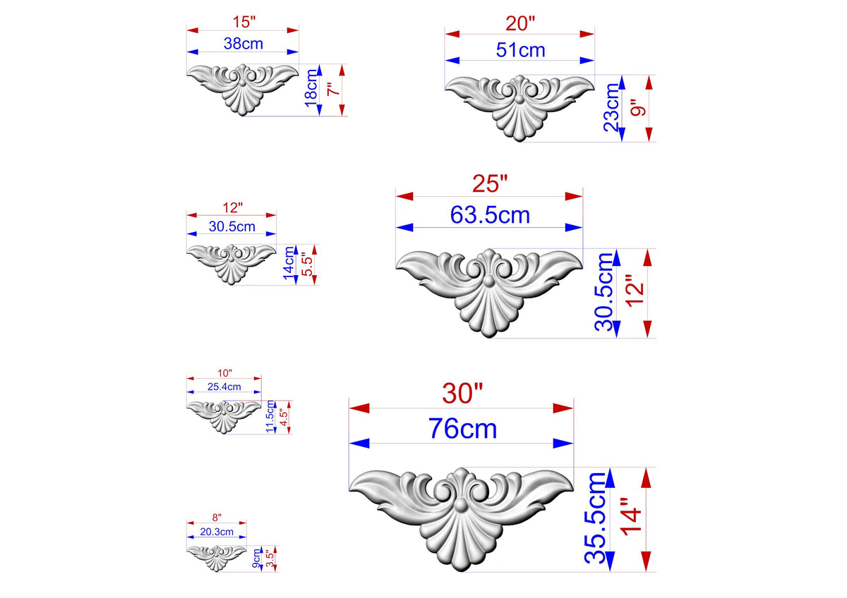 a series of images depicting various sizes of ornate, decorative designs, likely in the form of a collage or a collection of individual images. The images are labeled with their respective sizes, ranging from 15" to 35" and 30" to 70" centimeters. The images are arranged in a grid format, showcasing the different sizes and designs.