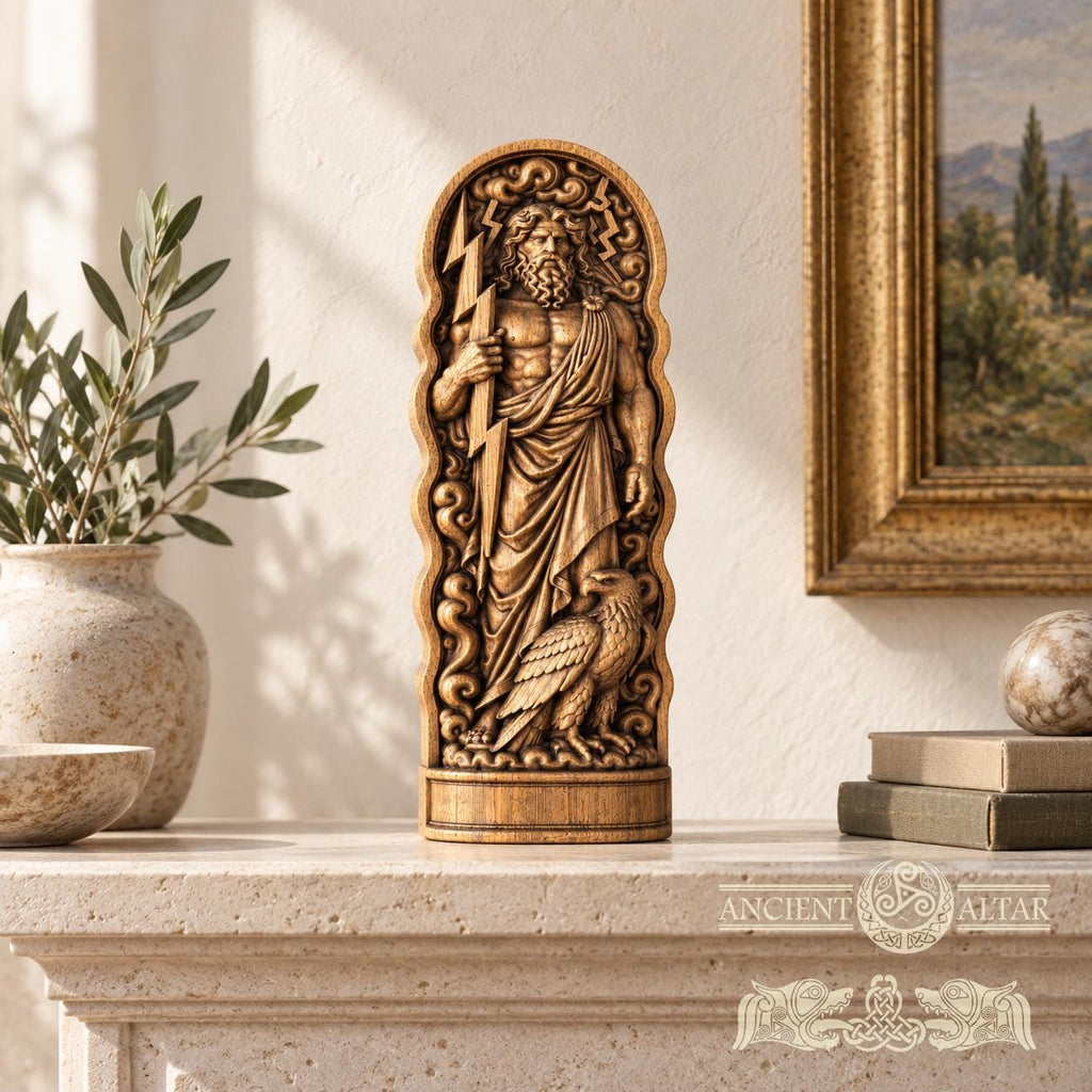 Zeus Wooden Statue, Greek God Figurine, Zeus with Eagle and Lightning Bolt, Ancient Greek Mythology Decor, Pagan Altar Sculpture