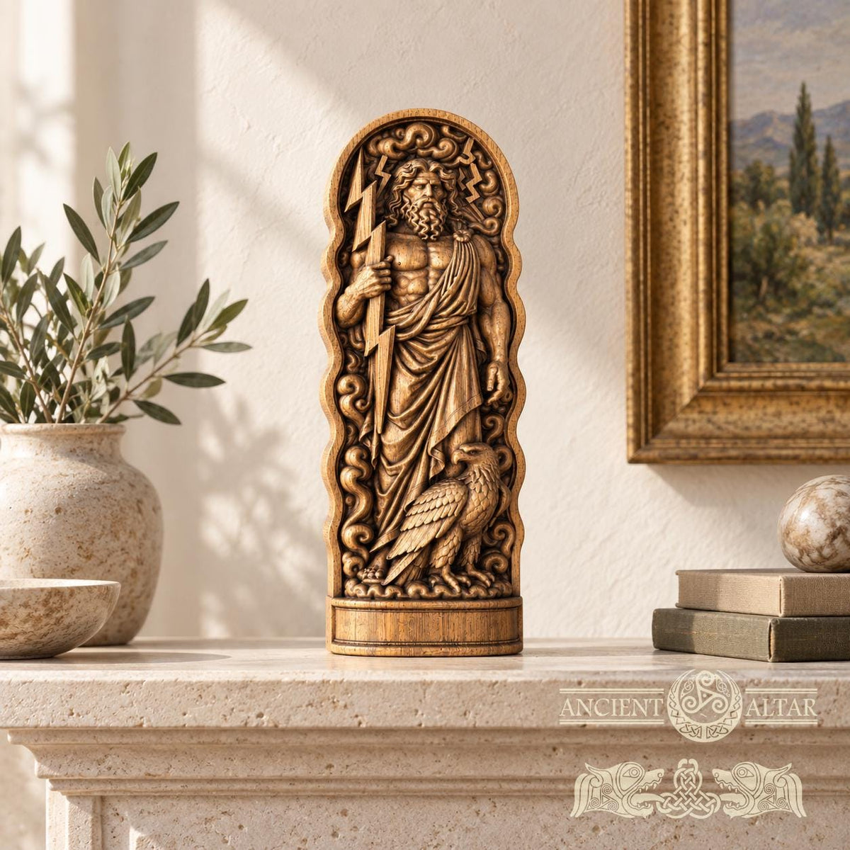 Zeus Wooden Statue, Greek God Figurine, Zeus with Eagle and Lightning Bolt, Ancient Greek Mythology Decor, Pagan Altar Sculpture