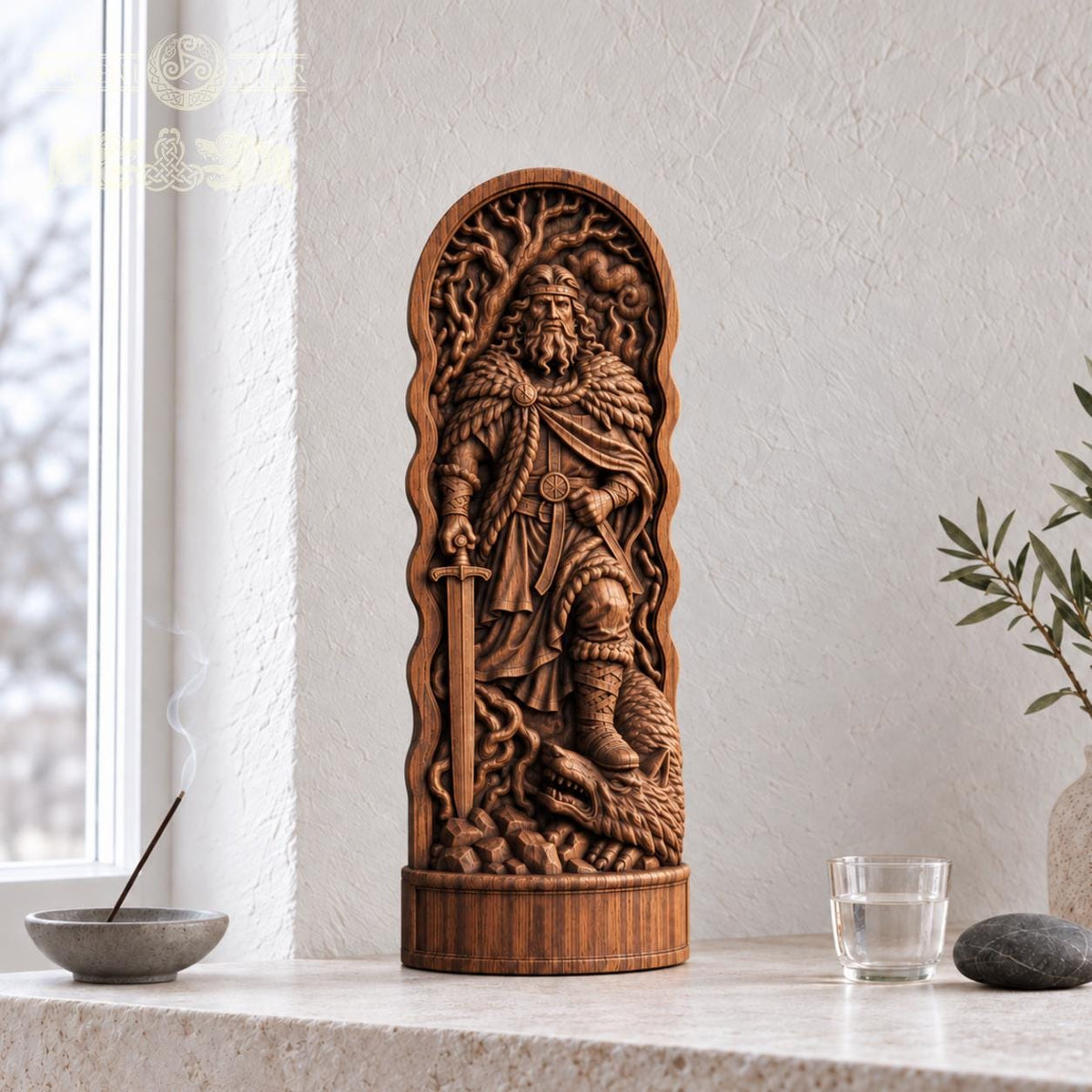 Carved Vidar Figure – Norse God of Vengeance, Viking Pagan Altar Decor, Wooden Mythology Statue