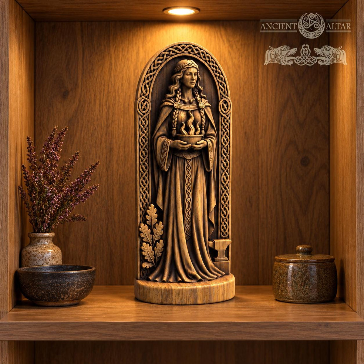 Brigid Statue with Sacred Flame and Anvil, Wooden Celtic Goddess Figurine, Imbolc Altar Decor, Irish Pagan Smithcraft Gift
