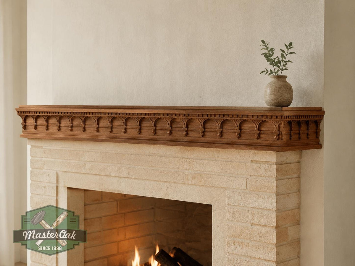 Carved Solid Oak Fireplace Mantel Shelf with Arched Arcade, Ornate Floating Wall Shelf, Classical Architectural Home Decor