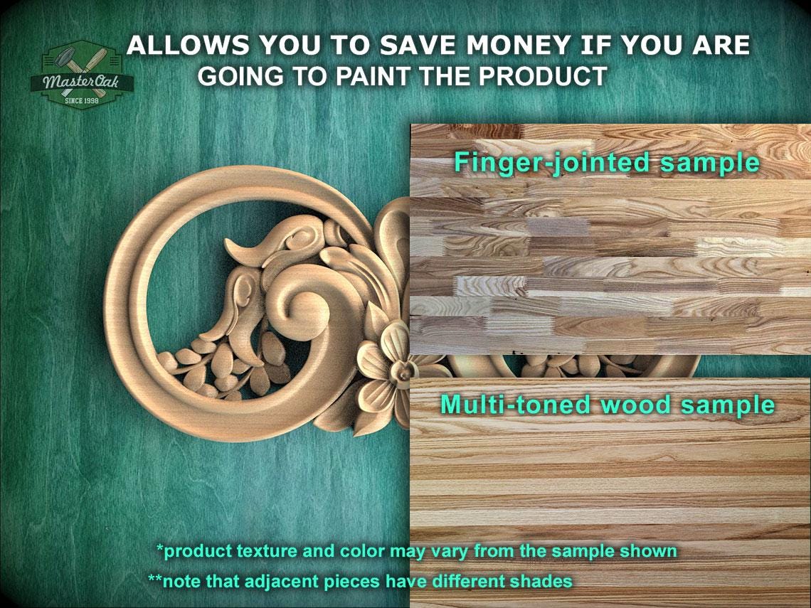 The image is a promotional advertisement for Master Oak, a company that specializes in painting products. It features a close-up of a wooden carving and a sample of multi-toned wood, along with text that provides information about the product.