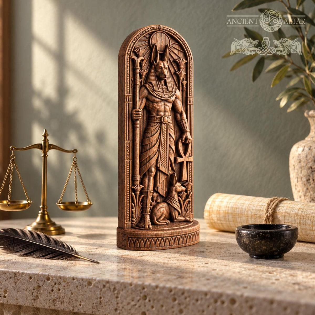 Anubis Temple Shrine Statue – Egyptian Jackal God with Ankh, Carved Wooden Altar Decor, Ancient Egypt Gift