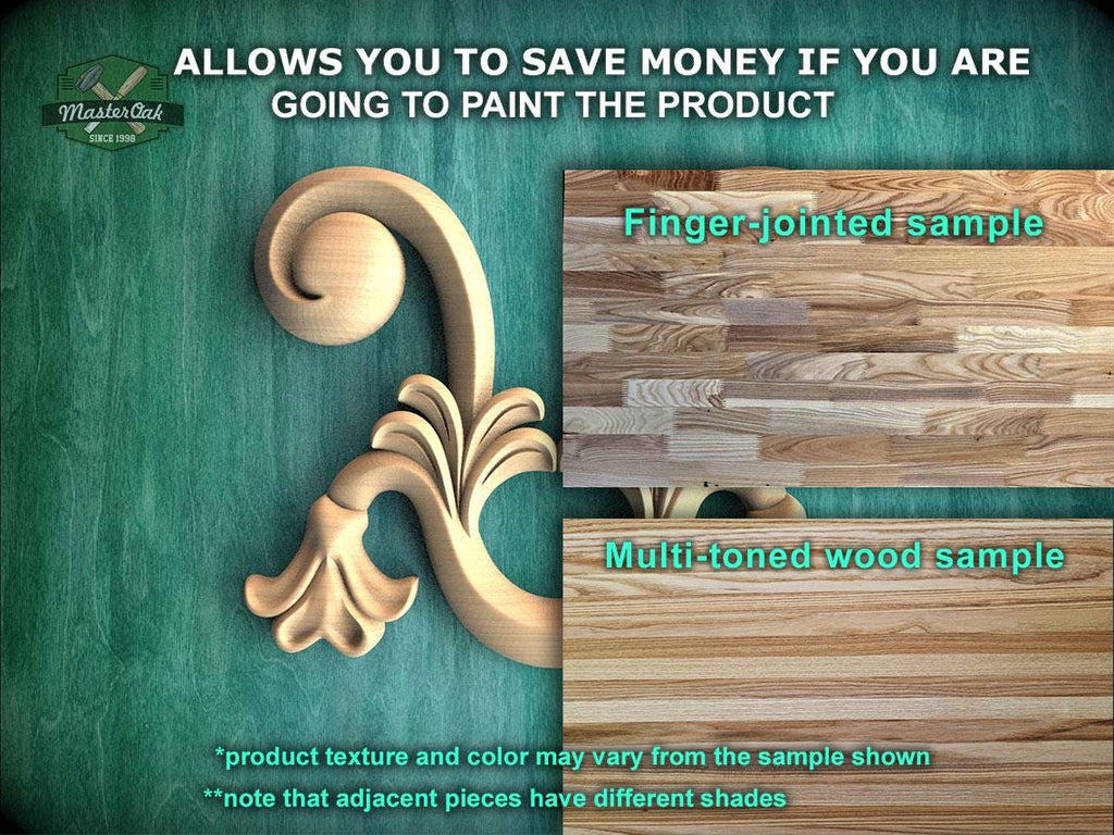 The image is a promotional advertisement for Master Oak, a company that sells wood products. It features a close-up of a wooden sample, including a finger-jointed sample and a multi-toned wood sample. The text on the image provides information about the product, such as the cost of painting the product and the variety of colors and textures available. The image is a collage of multiple images, and the text is concise and avoids redundancy.