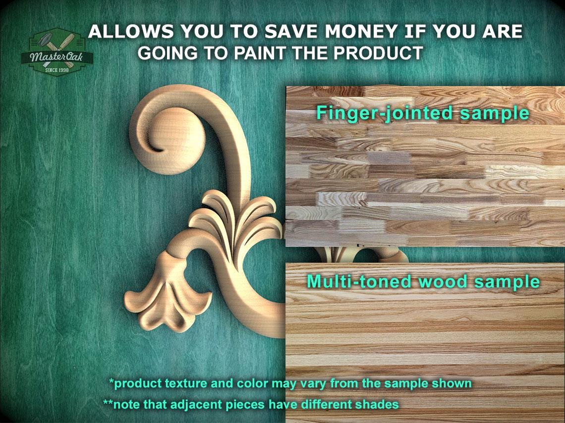 The image is a promotional advertisement for Master Oak, a company that sells wood products. It features a close-up of a wooden sample, including a finger-jointed sample and a multi-toned wood sample. The text on the image provides information about the product, such as the cost of painting the product and the variety of colors and textures available. The image is a collage of multiple images, and the text is concise and avoids redundancy.