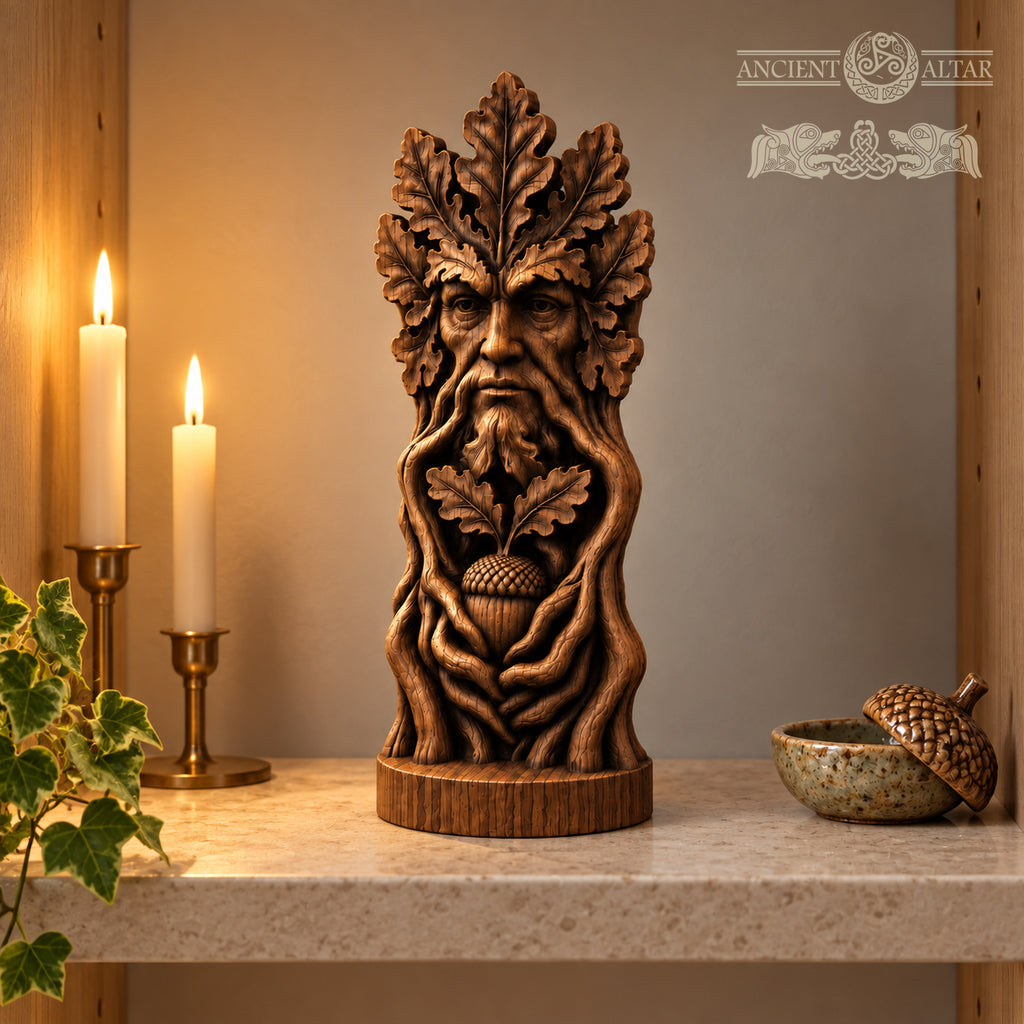 a wooden sculpture of a face with leaves and an acorn, placed on a shelf next to a candle and a small bowl.