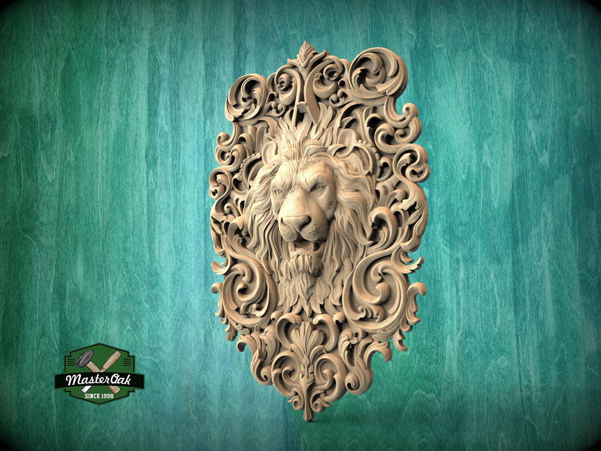 Majestic Carved Lion Head Wood Applique – Baroque Scrollwork Home Accent