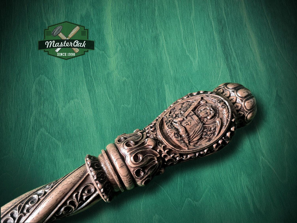 Carved Wood Cane with Archangel Michael – Christian Walking Staff Decor, Painted, religion stick