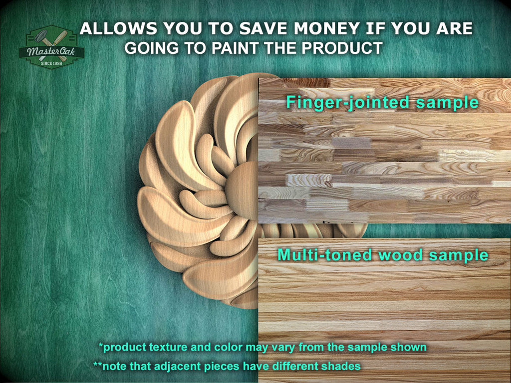 The image is a promotional advertisement for Master Oak, a company that sells wood products. It features a close-up of a wooden object, possibly a piece of furniture or a decorative item, with text overlaying the image. The text provides information about the products, including a "finger-joined sample" and a "multicolored wood sample". The text also mentions that the product texture and color may vary from the sample shown, and that adjacent pieces have different shades.