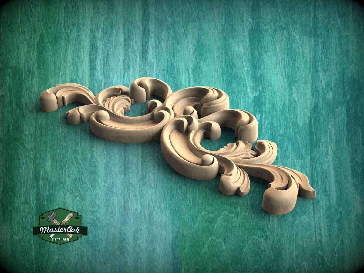 A decorative wooden carving with intricate scrollwork is displayed against a teal background.