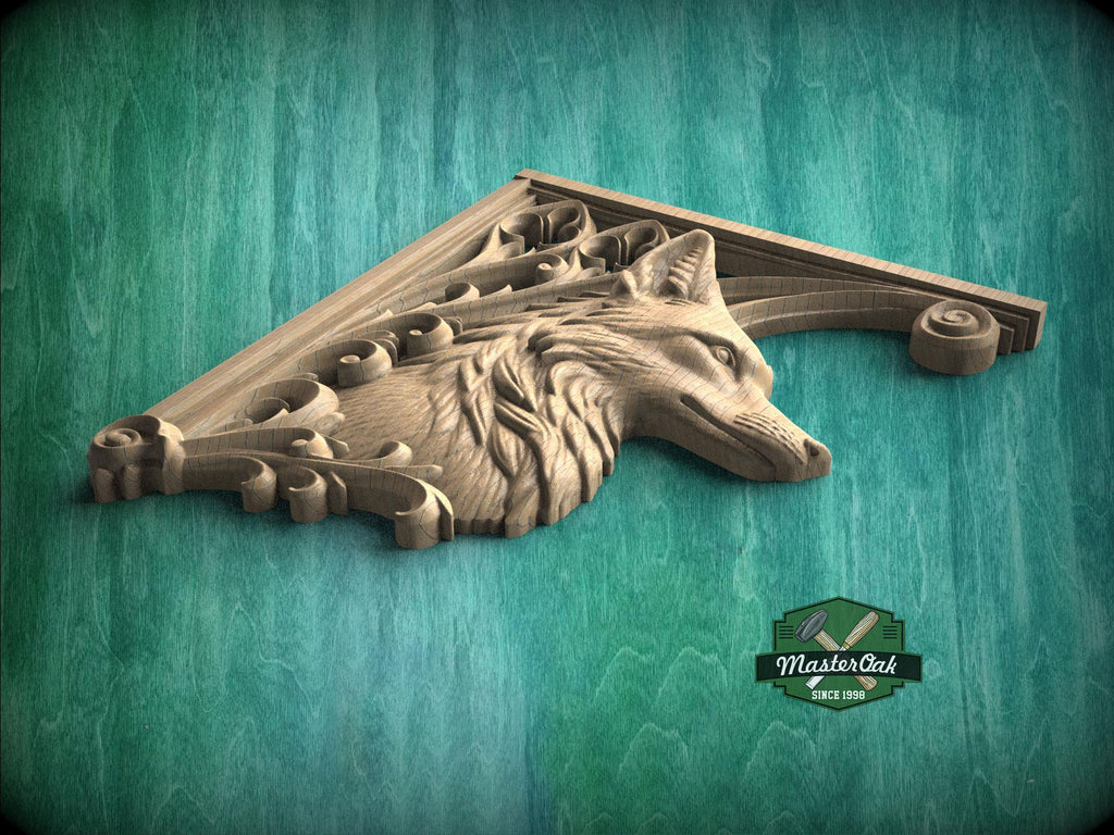 Carved Wood Fox Corner Onlays, Mirrored Pair with Gothic Scrollwork