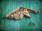 Carved Wood Fox Corner Onlays, Mirrored Pair with Gothic Scrollwork