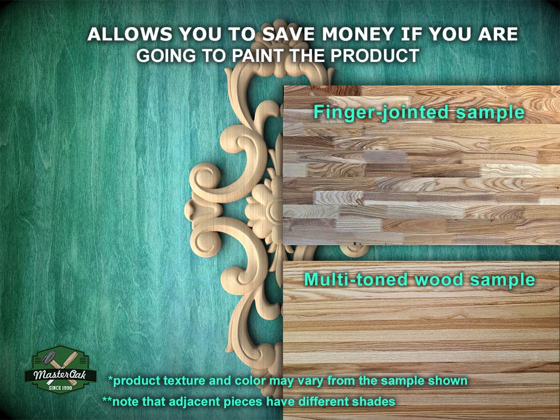 The image is a promotional advertisement for a product, specifically a multi-toned wood sample. It features a close-up of a wooden sample and a finger-jointed sample, along with a multicolored wood sample. The text on the image provides information about the product, including that it allows you to save money if you are going to paint the product, and that the product texture and color may vary from the sample shown. The image also mentions that adjacent pieces have different shades.