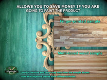 Load image into Gallery viewer, The image is a promotional advertisement for a product, specifically a multi-toned wood sample. It features a close-up of a wooden sample and a finger-jointed sample, along with a multicolored wood sample. The text on the image provides information about the product, including that it allows you to save money if you are going to paint the product, and that the product texture and color may vary from the sample shown. The image also mentions that adjacent pieces have different shades.

