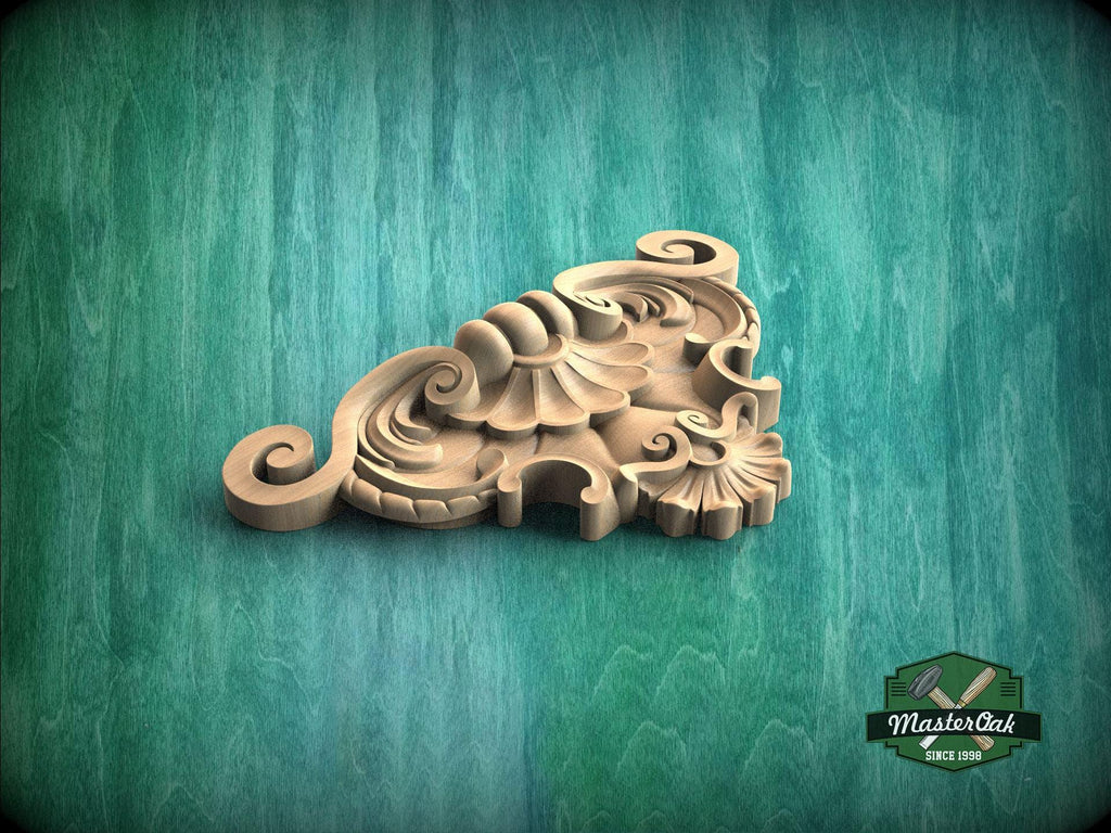 A decorative wooden carving with intricate swirls and curves is displayed against a green background.