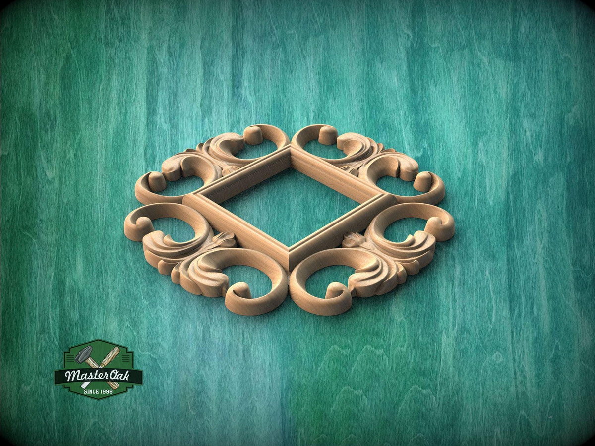 A decorative wooden frame with intricate scrollwork is displayed against a teal-colored background.