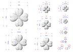 a collection of six different sizes of white flower-like objects, each with its own set of measurements and dimensions. The objects are arranged in a grid-like pattern, with each object being a separate element in the image. The image does not contain any text or additional objects, and the relative positions of the objects to each other are consistent across all images.