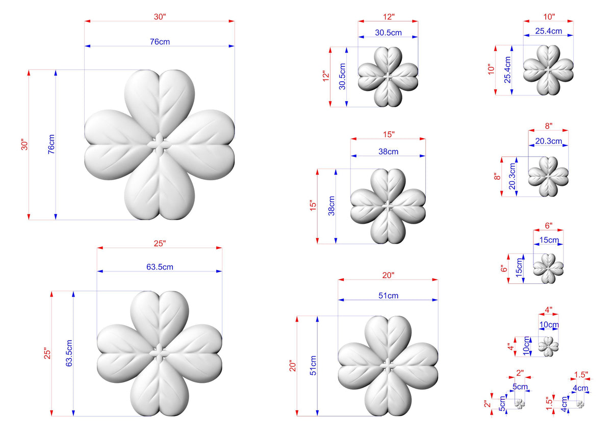 a collection of six different sizes of white flower-like objects, each with its own set of measurements and dimensions. The objects are arranged in a grid-like pattern, with each object being a separate element in the image. The image does not contain any text or additional objects, and the relative positions of the objects to each other are consistent across all images.