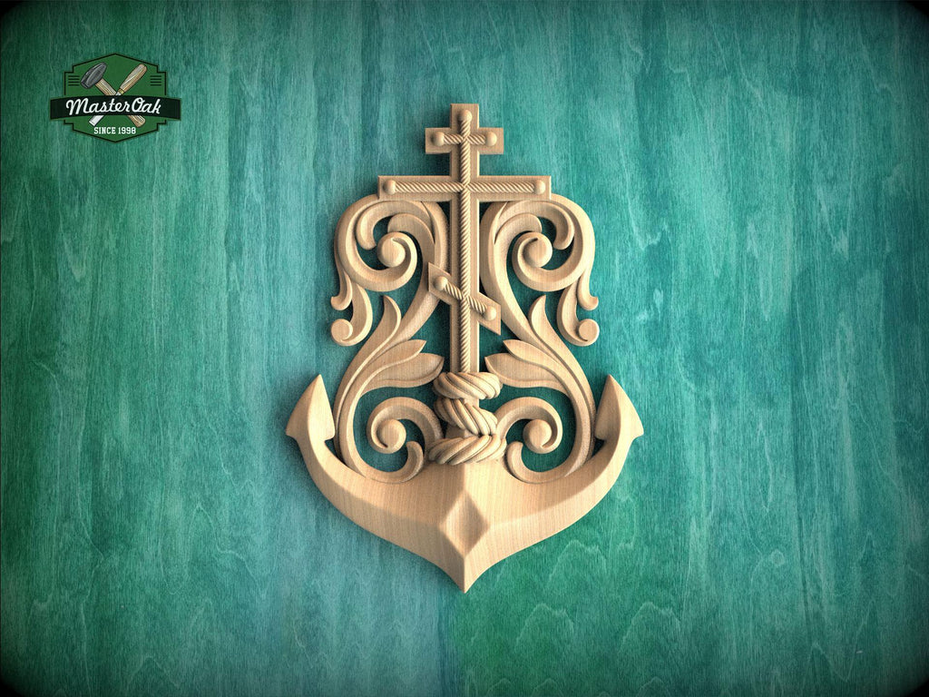 A wooden anchor with a cross on top, set against a teal-colored background.
