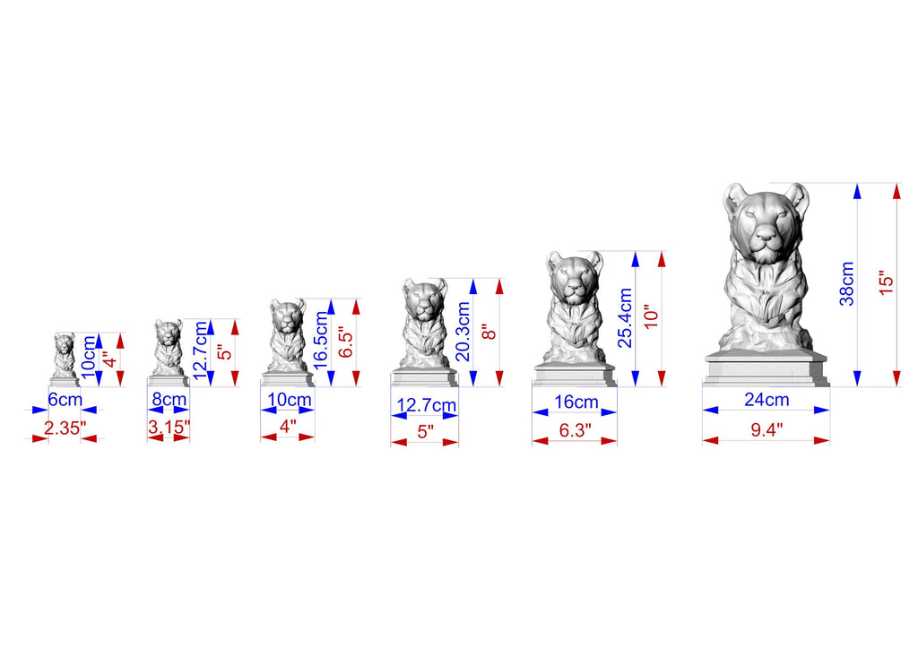 Size chart for carved wooden lioness bust statue — 6 different height options from 2.35 inches to 15 inches, shown in both inches and centimeters