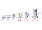 Size chart for carved wooden lioness bust statue — 6 different height options from 2.35 inches to 15 inches, shown in both inches and centimeters