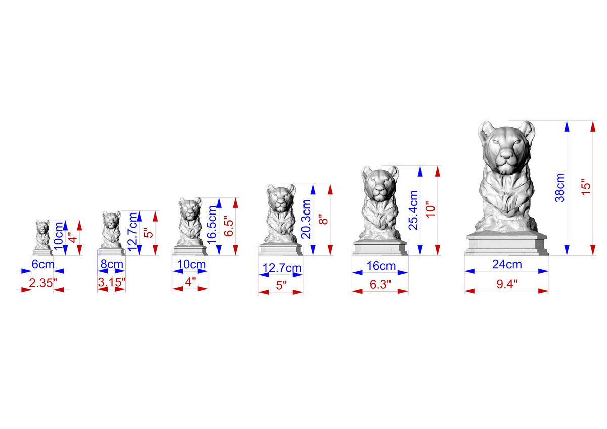 Size chart for carved wooden lioness bust statue — 6 different height options from 2.35 inches to 15 inches, shown in both inches and centimeters