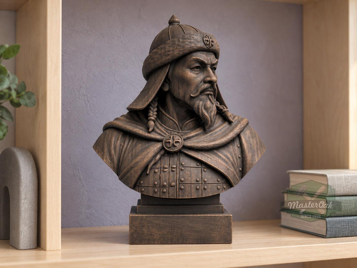 Genghis Khan Bust | Carved & Hand-Finished Wood Statue | Mongolian History Decor