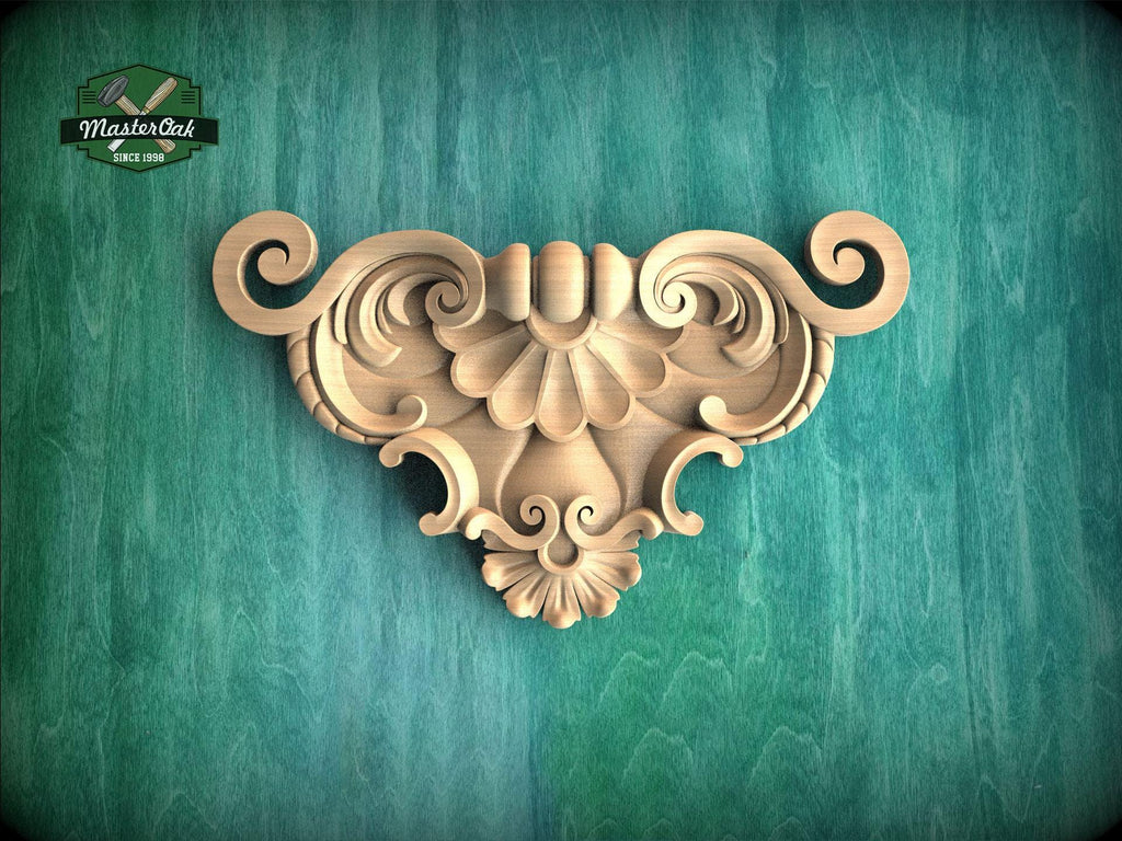 a decorative wooden carving on a green background.