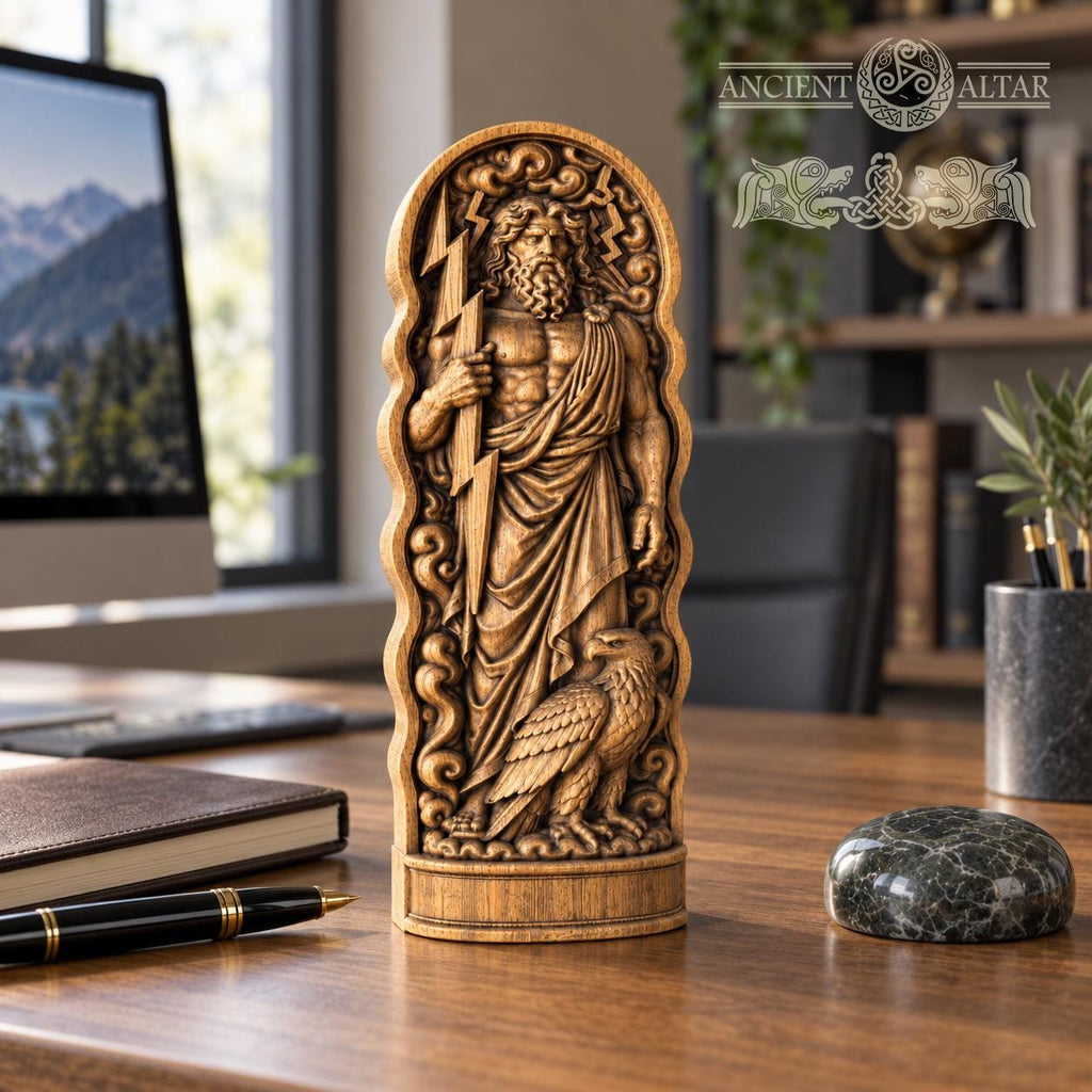 Zeus Wooden Statue, Greek God Figurine, Zeus with Eagle and Lightning Bolt, Ancient Greek Mythology Decor, Pagan Altar Sculpture