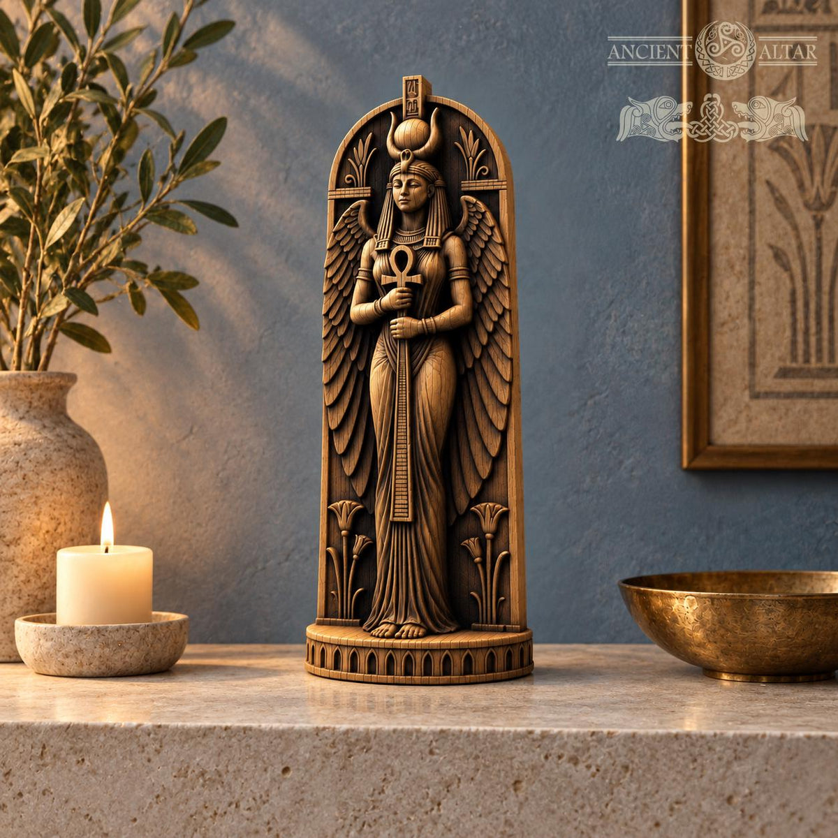 Isis Statue with Ankh, Winged Egyptian Goddess in Oak Wood, Pagan Altar Sculpture, Ancient Egypt Decor, Mythology Gift