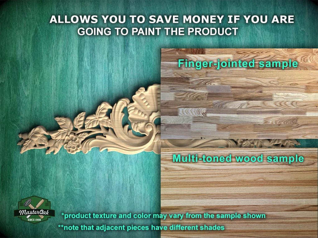 The image is a promotional advertisement for MasterCard, featuring a comparison of two different wood samples. The text highlights that the samples are finger-joined and multi-toned, and that the product texture and color may vary from the sample shown. The ad also mentions that adjacent pieces have different shades.
