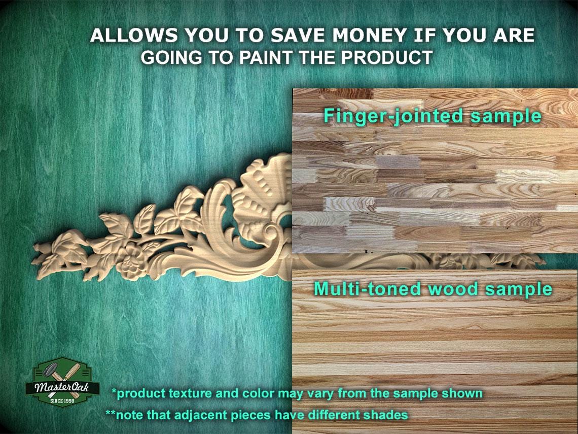 The image is a promotional advertisement for MasterCard, featuring a comparison of two different wood samples. The text highlights that the samples are finger-joined and multi-toned, and that the product texture and color may vary from the sample shown. The ad also mentions that adjacent pieces have different shades.
