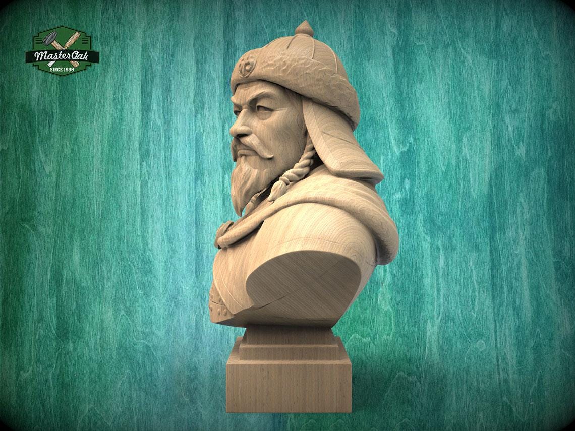 Genghis Khan Bust | Carved & Hand-Finished Wood Statue | Mongolian History Decor