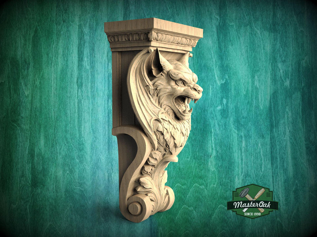 A carved wooden lion head with a fierce expression is displayed against a green background.