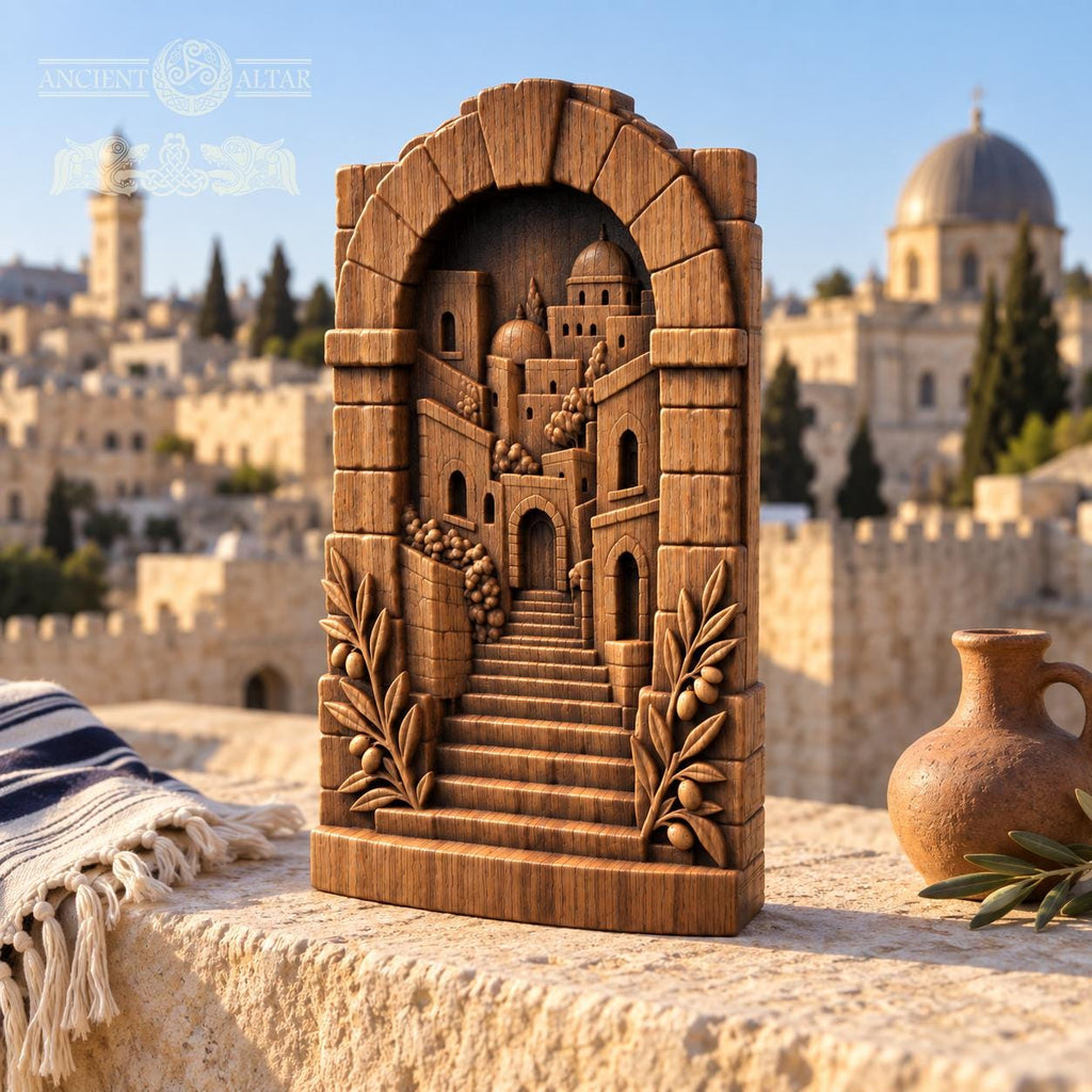 Jerusalem Old City Wood Relief, Solid Oak Architectural Sculpture with Stone Arch and Olive Branches, Judaica Housewarming Gift