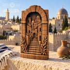 Jerusalem Old City Wood Relief, Solid Oak Architectural Sculpture with Stone Arch and Olive Branches, Judaica Housewarming Gift