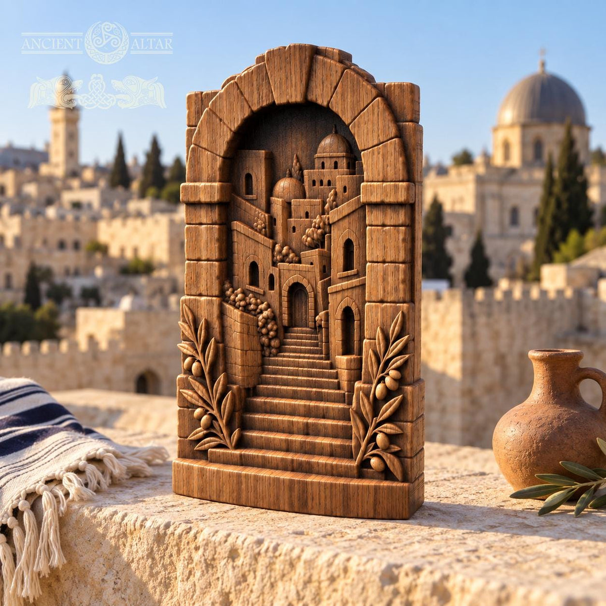 Jerusalem Old City Wood Relief, Solid Oak Architectural Sculpture with Stone Arch and Olive Branches, Judaica Housewarming Gift