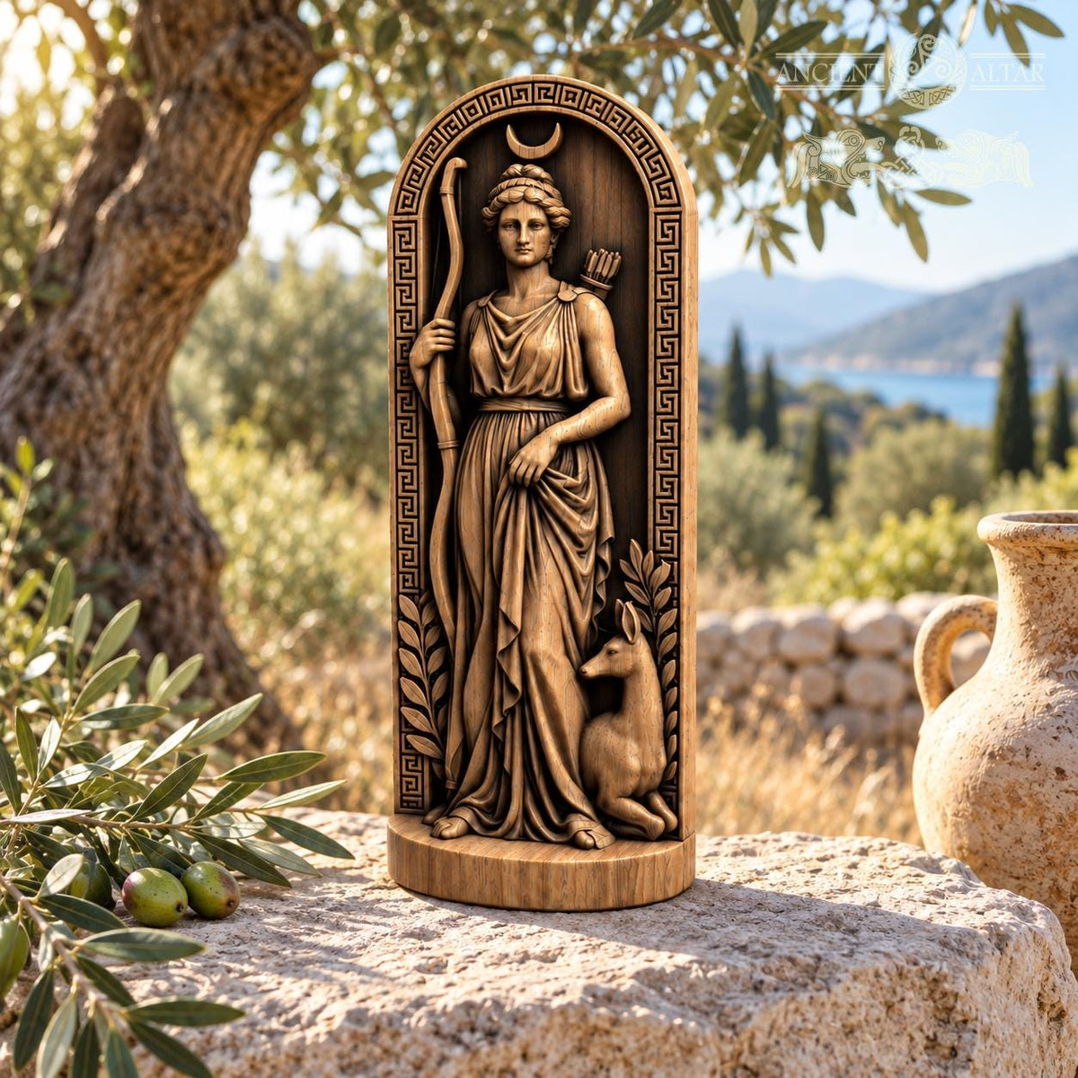 Artemis Wooden Statue with Deer, Greek Goddess of the Hunt Figurine, Moon Altar Decor, Ancient Mythology Sculpture, Pagan Gift