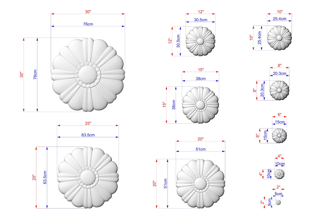 a collection of seven different sizes of white flower-like objects, each with its own unique dimensions and measurements. The objects vary in size, ranging from small to large, and are arranged in a grid-like pattern. The image provides a clear visual representation of the different sizes of the objects, allowing for easy comparison and understanding of their relative dimensions.
