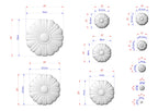 a collection of seven different sizes of white flower-like objects, each with its own unique dimensions and measurements. The objects vary in size, ranging from small to large, and are arranged in a grid-like pattern. The image provides a clear visual representation of the different sizes of the objects, allowing for easy comparison and understanding of their relative dimensions.