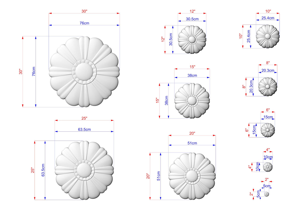 a collection of seven different sizes of white flower-like objects, each with its own unique dimensions and measurements. The objects vary in size, ranging from small to large, and are arranged in a grid-like pattern. The image provides a clear visual representation of the different sizes of the objects, allowing for easy comparison and understanding of their relative dimensions.