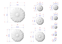 Load image into Gallery viewer, a collection of seven different sizes of white flower-like objects, each with its own unique dimensions and measurements. The objects vary in size, ranging from small to large, and are arranged in a grid-like pattern. The image provides a clear visual representation of the different sizes of the objects, allowing for easy comparison and understanding of their relative dimensions.
