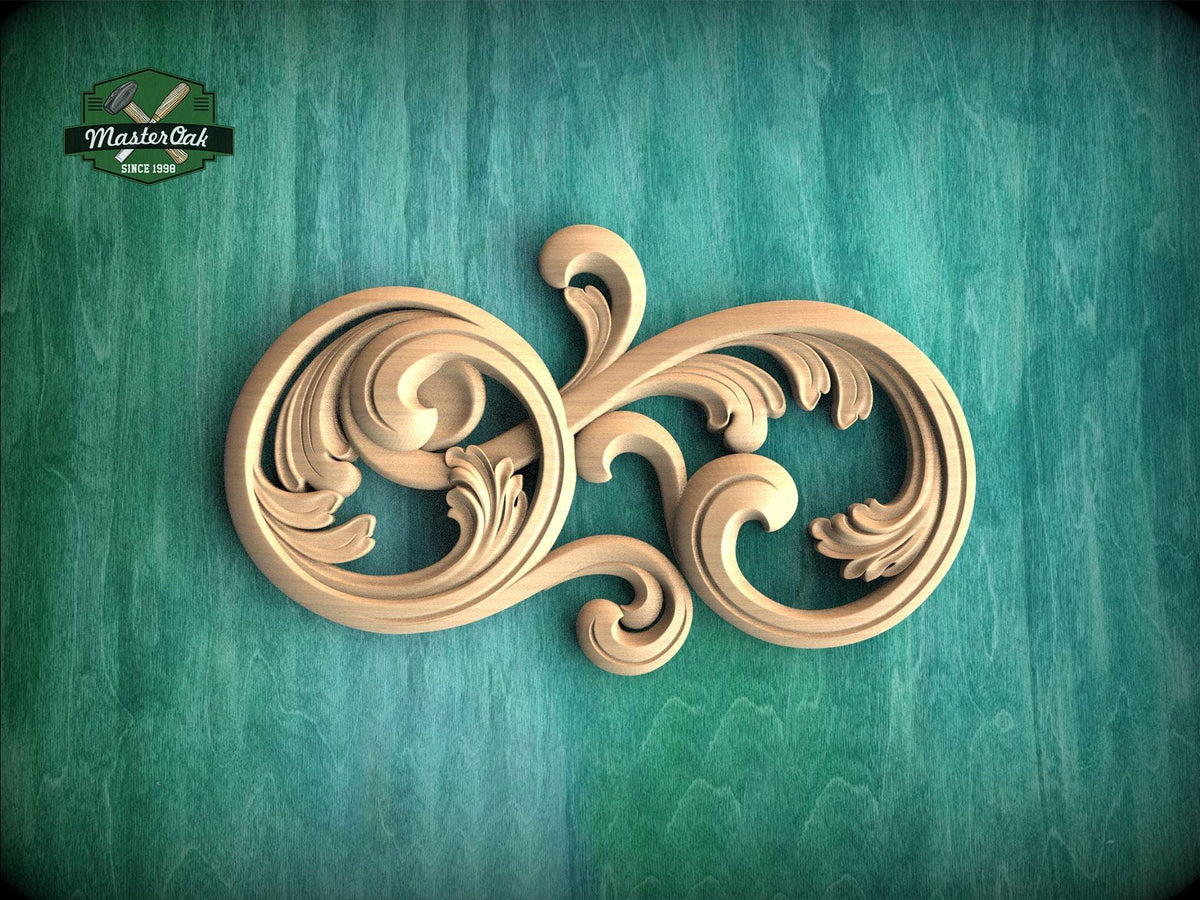 a decorative wooden carving on a green background.