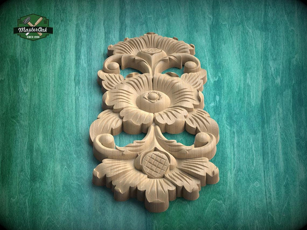 A wooden carving of a flower with intricate details is displayed against a green background.