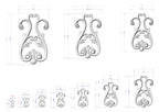 a collection of ornate, decorative designs in a 3D style, with measurements provided for each design.