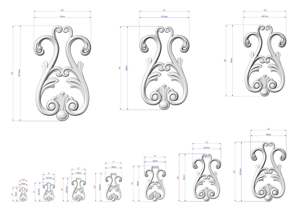 a collection of ornate, decorative designs in a 3D style, with measurements provided for each design.