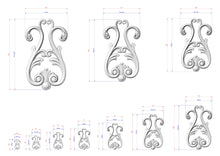 Load image into Gallery viewer, a collection of ornate, decorative designs in a 3D style, with measurements provided for each design.
