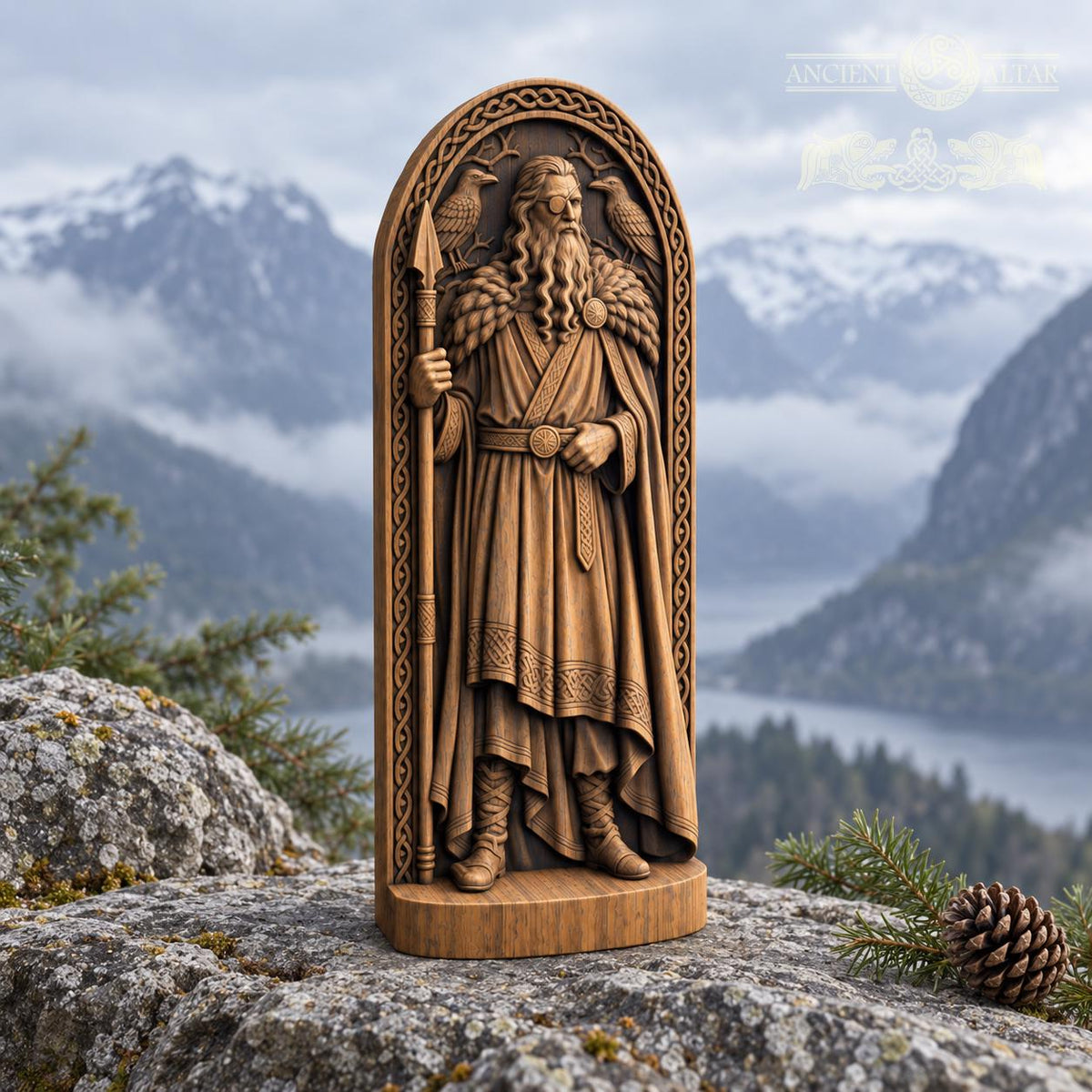 Odin Statue with Huginn and Muninn, Wooden Norse God Figurine, Viking Pagan Altar Decor, Gungnir Spear Sculpture, Nordic Gift